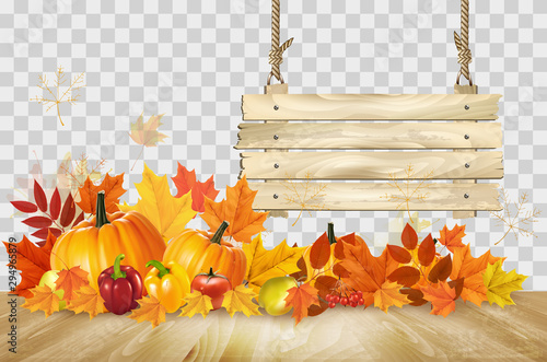 Nature autumn background. Happy Thanksgiving holiday card with fresh vegetables and wooden sign. Vector.