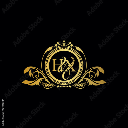 Initial letter HX logo luxury vector mark  gold color elegant classical symmetric curves decor.