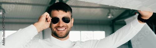 panoramic shot of smiling bearded man in sunglasses looking at camera