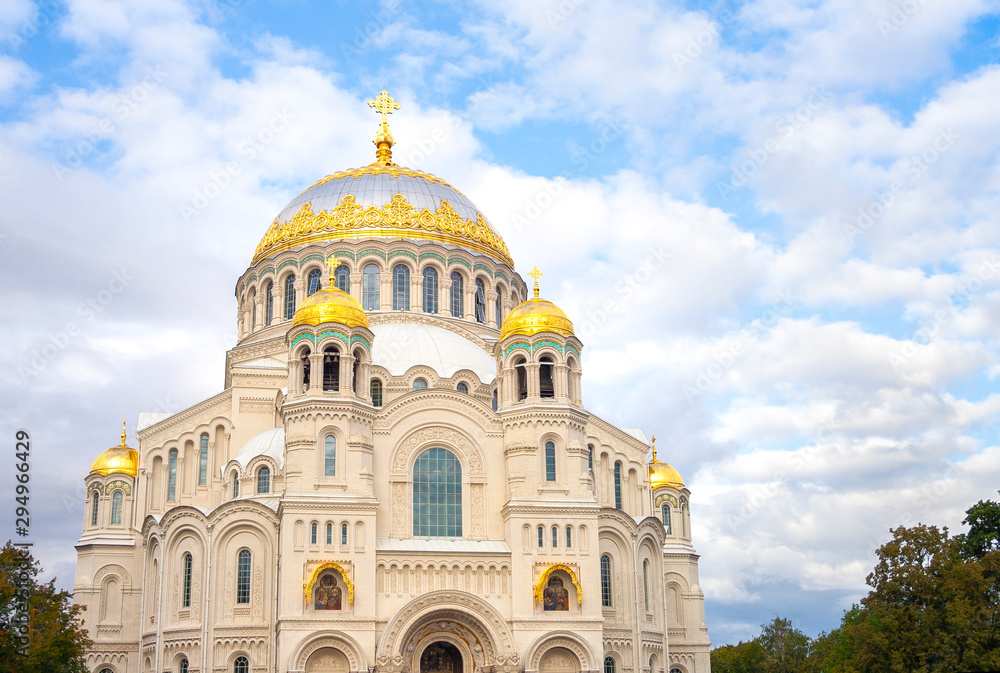 Beautiful nicholas the wonderworker's church on Anchor square in kronstadt town Saint Petersburg. Naval christian cathedral church in russia with golden dome, unesco architecture at sunny day