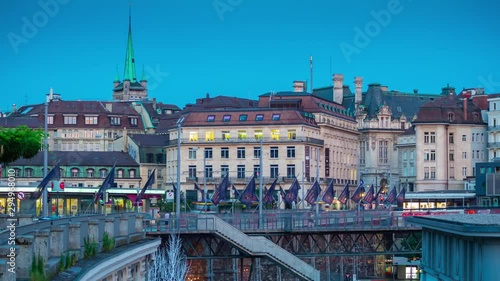 twilight illuminated lausanne city center famous square rooftop panorama 4k timelapse switzerland