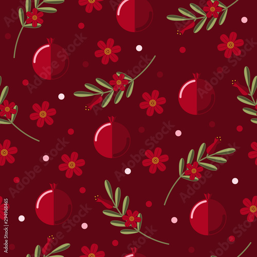 Colorful floral pattern with pomegranate flowers and branches on red background