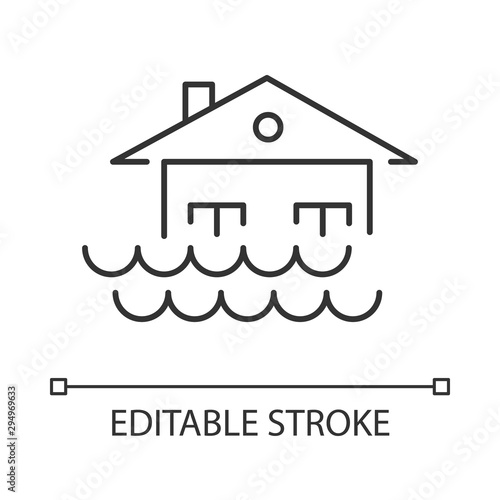 Flood linear icon. Overflow of water. Sinking house. Submerged building. Natural disaster. Thin line illustration. Contour symbol. Vector isolated outline drawing. Editable stroke