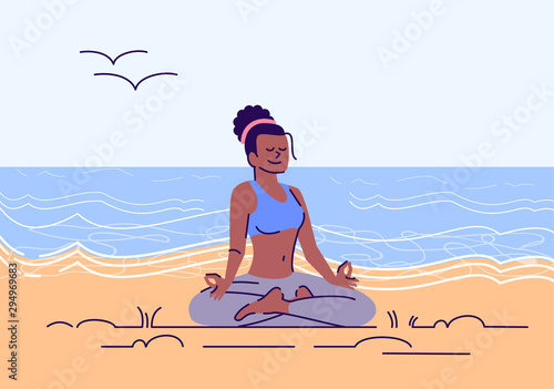 Girl meditating in lotus position flat vector illustration. Yoga practice on sea beach. Body and mind harmony. Young african american woman sitting in padmasana exercise cartoon character