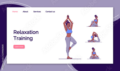 Relaxing training landing page vector template. Yoga practice website interface idea with flat illustrations. Physical, mental balance homepage layout. Healthcare web banner, webpage cartoon concept