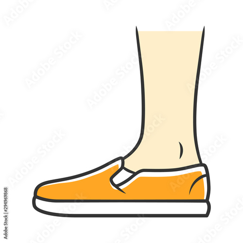 Slip ons yellow color icon. Women and men stylish footwear design. Unisex casual flats, modern comfortable canvas shoes. Male and female fall, spring season fashion. Isolated vector illustration