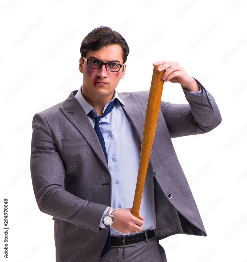 Businessman with baseball bat isolated on white Businessman with baseball bat isolated on white