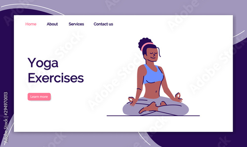 Yoga exercises landing page vector template. Stress management website interface idea with flat illustrations. Meditation homepage layout. Fitness training web banner, webpage cartoon concept