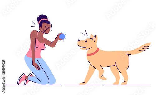 Young woman having fun with dog flat vector illustration. Active leisure. Smiling african american girl and faithful playful pet isolated cartoon character with outline elements on white background