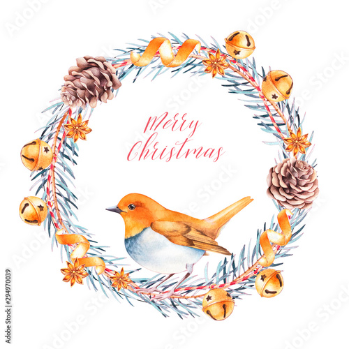 Robin bird sitting on a wreath with cones  jingle bells and pine branches. Isolated watercolor christmas illustration.