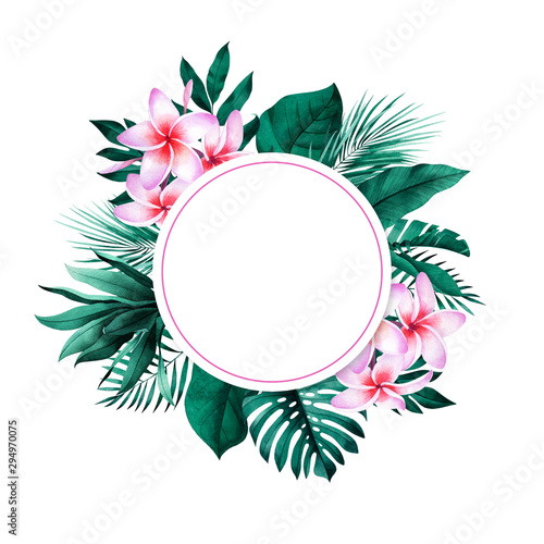Round frame with exotic monstera, banana, palm leaves and plumeria flowers in background. Tropical style stationery design.