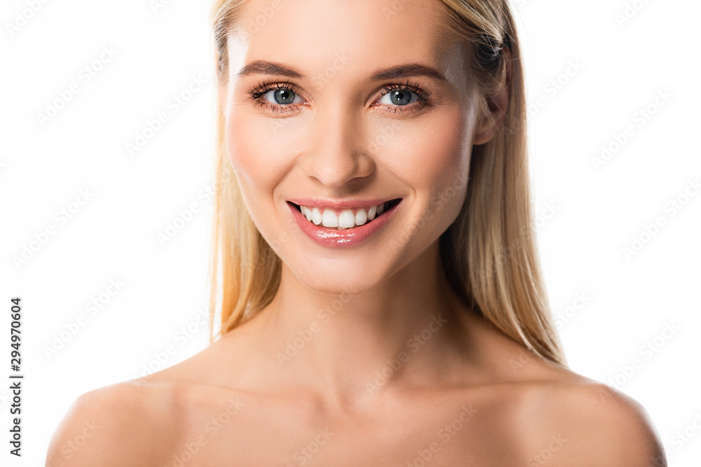 naked smiling blonde woman with white teeth isolated on white naked smiling blonde woman with white teeth isolated on white