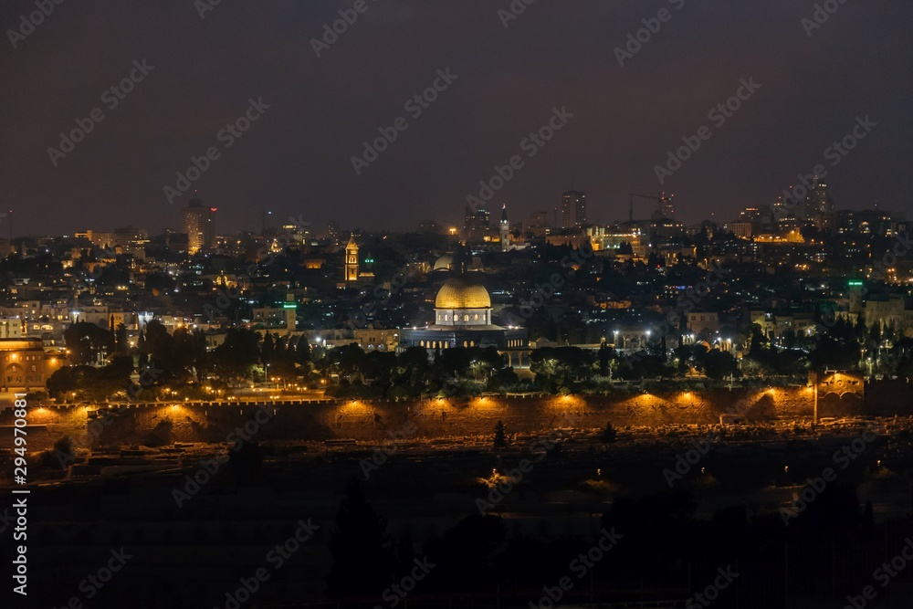 Night Jerusalem. View of Jerusalem Old City from the Mount of Olives.