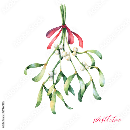 Photo Hanging mistletoe with red ribbon