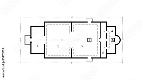 Architectural plan of Orthodox Church. Medieval Orthodox Monastery. Scheme of movement at the Liturgy.