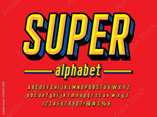Superhero comic style vector font with uppercase, lowercase, numbers and symbols