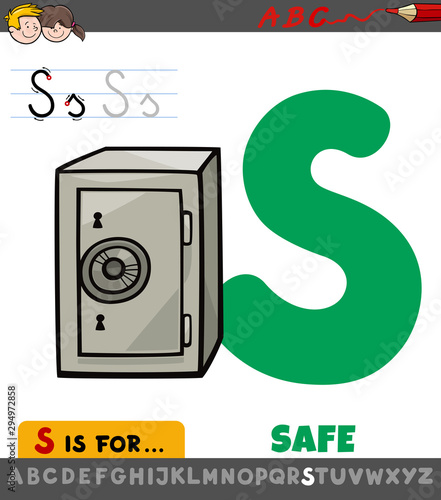 Foto letter S worksheet with cartoon safe