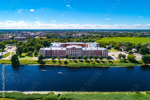 Panoramic view over city Jelgava, Lielupe river and ''Latvia University of Agriculture'' during sunny summer day. photo