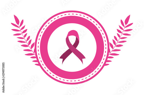 breast cancer campaign ribbon in circular frame with leafs