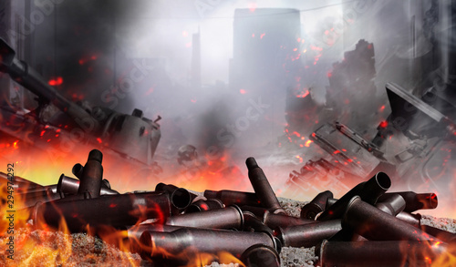 Принти на полотні Automatic rifle gun shells laying on sand, battlefield background