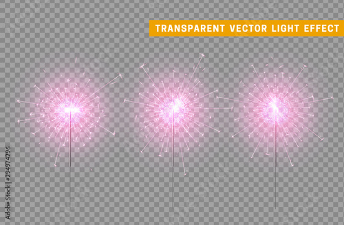 Festive Christmas sparkler decoration lighting element. Sparkler fire vector firework. Magic light isolated effect. For the background of the holiday and birthday