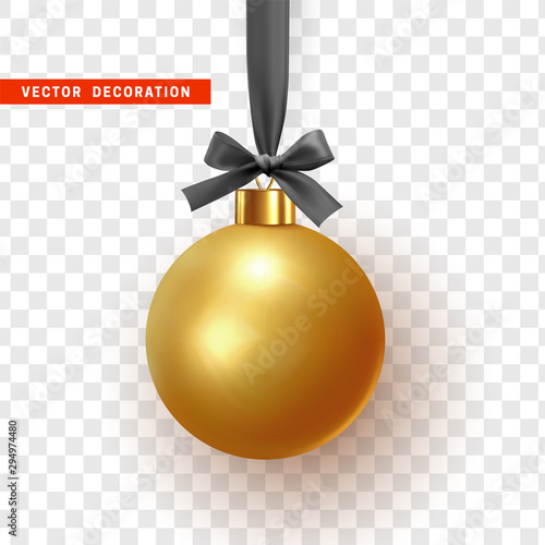 Christmas balls hang on ribbon with bow. Xmas bauble