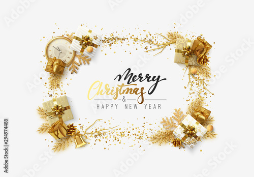 Christmas bright background with golden decorations. Xmas greeting card. Happy New Year. Festive objects in the form of border gold gifts, bauble balls, shiny snowflake, old watches and tinsel