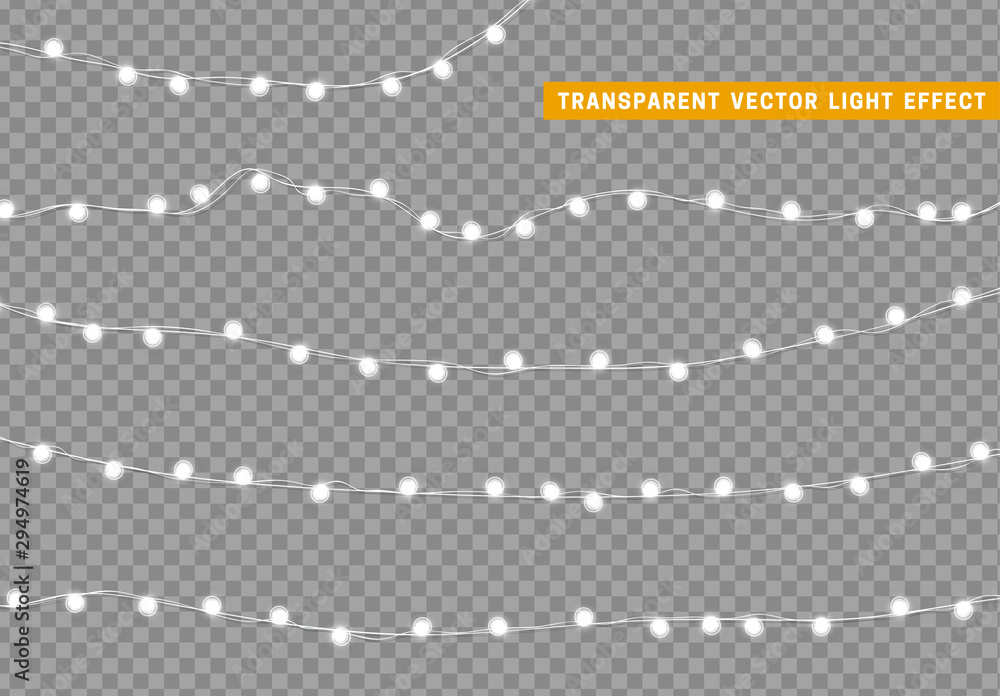 Christmas white lights isolated realistic design elements. Glowing lights for Xmas Holiday Garlands decorations.
