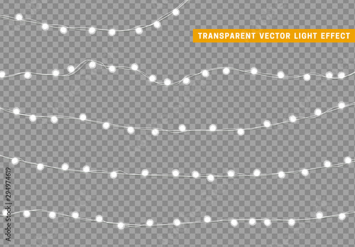 Christmas white lights isolated realistic design elements. Glowing lights for Xmas Holiday Garlands decorations.