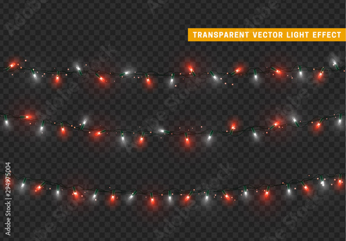 Christmas lights in white nad red color. Decorations design element Christmas glowing lights. Decorative Xmas realistic objects. Holiday decor set of garlands. vector illustration