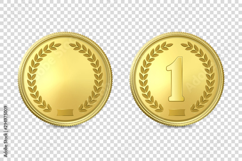 Vector 3d Realistic Golden Metal Coin or Medal Icon Set Closeup Isolated on Transparent Background. Design Template, Mockup, Clipart of Gold Money, Currency, Award Medal. Front View