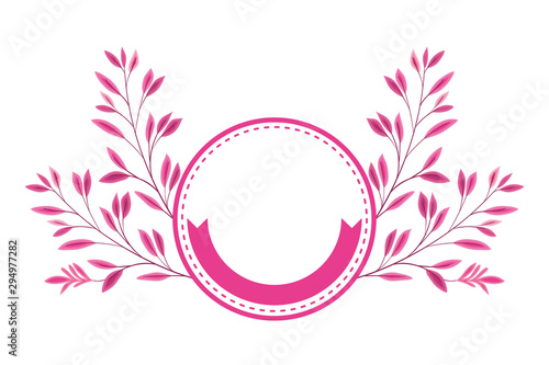 breast cancer campaign ribbon in circular frame with leafs