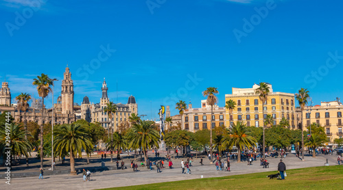 BARCELONA, SPAIN - DIC 02, 2018: View of Placa de l'Ictineo and park. Barcelona olympic port area.
