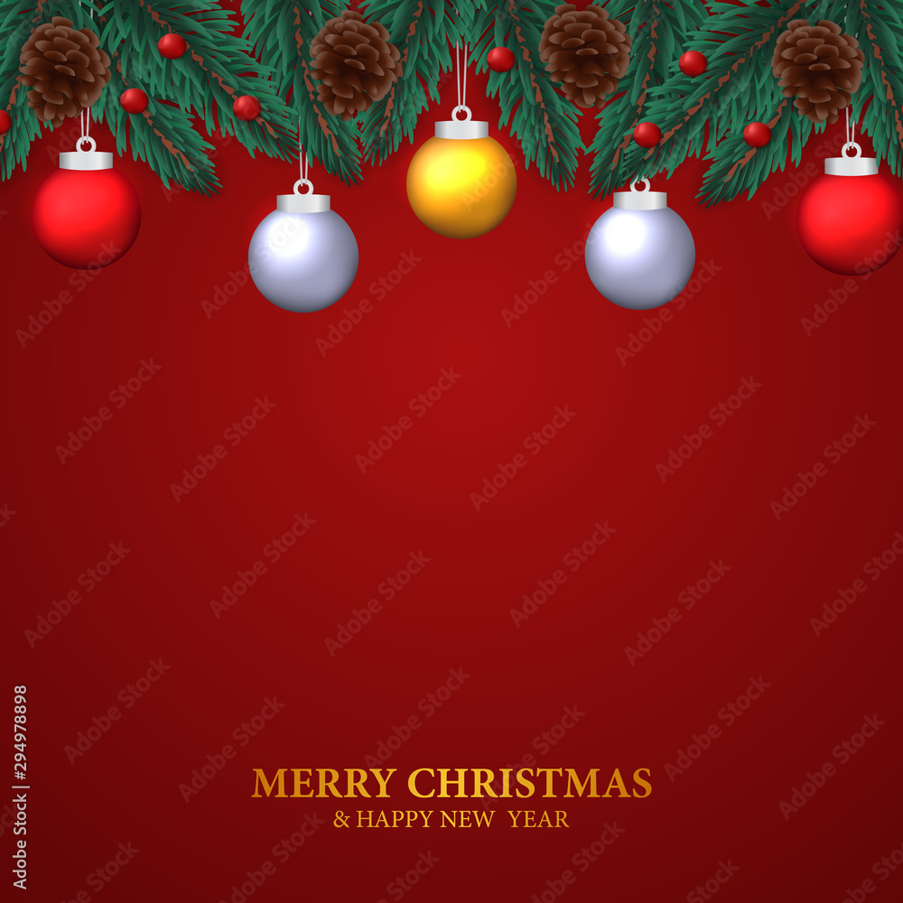 fir leaves garland with pine cone, hanging bauble ball for christmas decoration with red background fir leaves garland with pine cone, hanging bauble ball for christmas decoration with red background