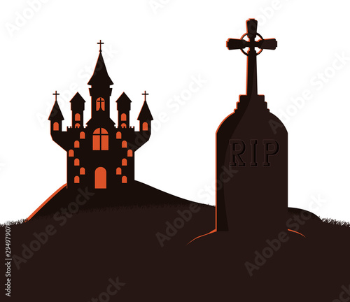 halloween dark castle in cemetery scene icon