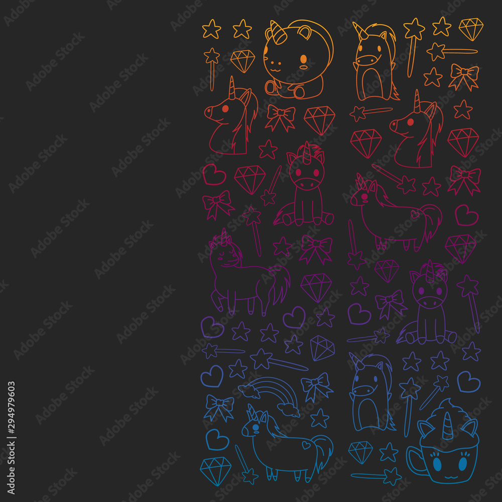 Children pattern with fairy tale unicors for kids clothes, posters, banners, shirts. Vector image with cartoon character. Children pattern with fairy tale unicors for kids clothes, posters, banners, shirts. Vector image with cartoon character.