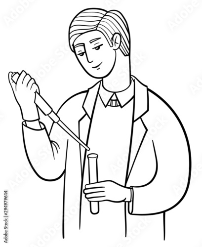 Male researcher works in laboratory. Scientist in white coat at work, conducts an experiment: holds a test tube and filling it with liquid. Vector outline illustration drawings on a white background