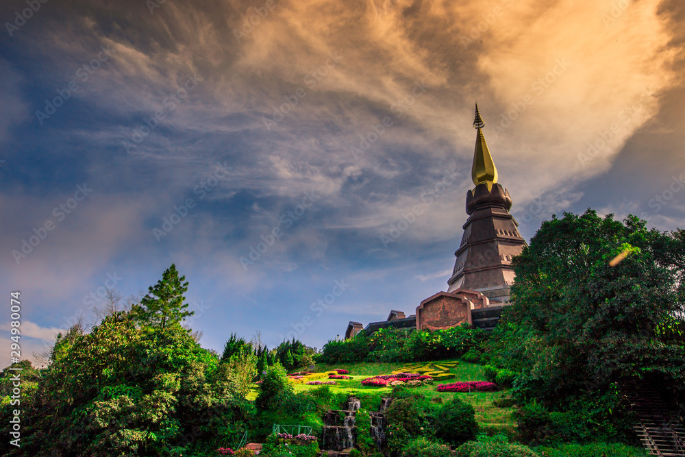 Background view of close-up tourist attractions, Landmark in Chiang Mai, near Doi Inthanon (Pra Mahatat Noppamethanedon and Pra Mahatat Nopphonphusiri), Thailand.