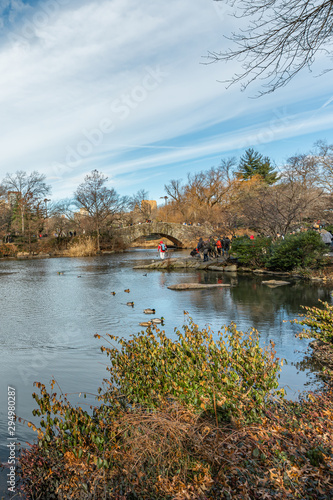 New York City, NY, USA - 25th, December, 2018 - Beautiful cold sunny day in Central Park lake with ducks near Gapstow Bridge.