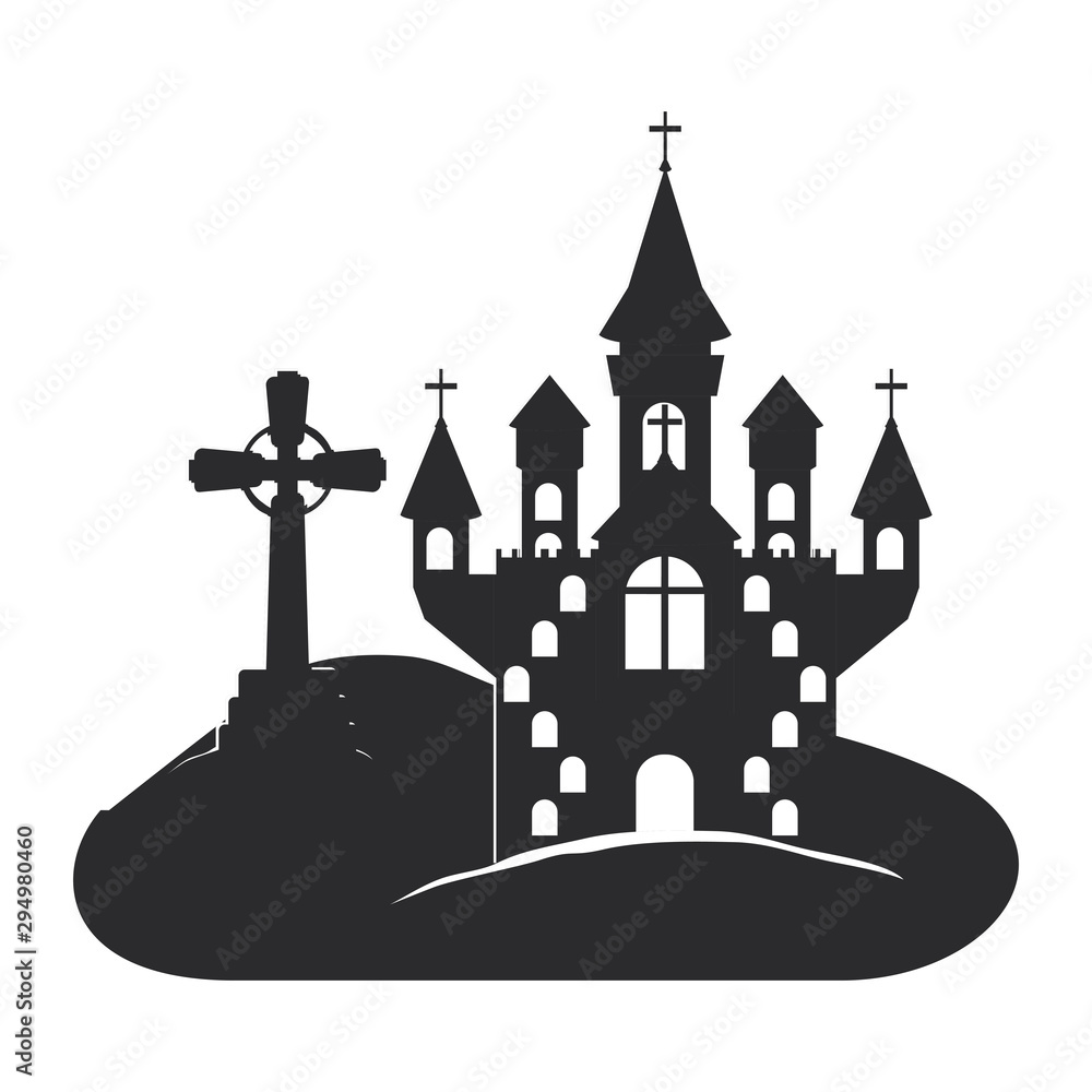 halloween celebration with castle in cemetery scene