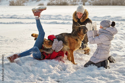 Joyful teens spend time together with lovely pet German Shepherd Dog on a walk in the winter park on a sunny day. Having fun playing in snow outdoors. Time for cheery. Happy family. Playful mood photo