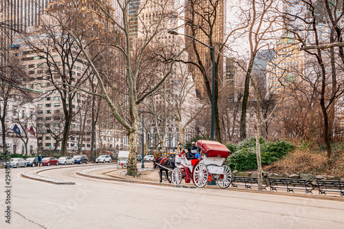 New York City, NY, USA - 25th, December, 2018 - Central park sightseeing horse carriage in a beautiful cold winter day.