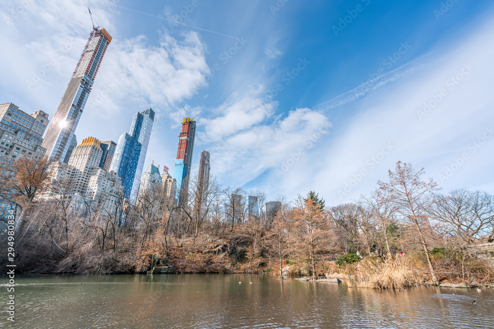 Obraz premium New York City, NY, USA - 25th, December, 2018 - Beautiful cold sunny day in Central Park lake with ducks near Gapstow Bridge.