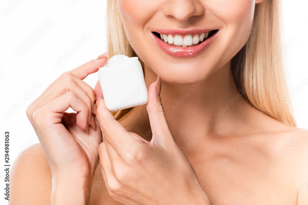 cropped view of smiling naked woman with dental floss isolated on white cropped view of smiling naked woman with dental floss isolated on white