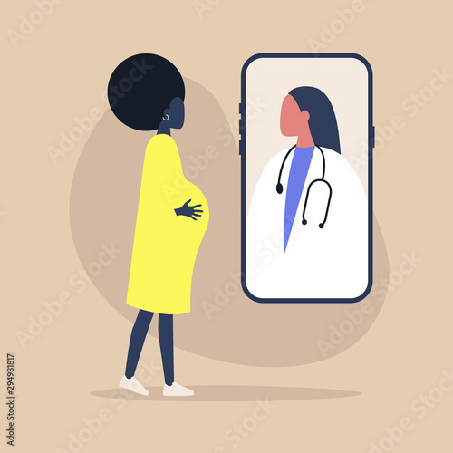 Modern health care concept, young black pregnant woman using an online app to consult with a doctor