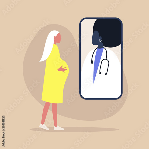 Modern health care concept, Young blonde pregnant woman using an online app to consult with a doctor