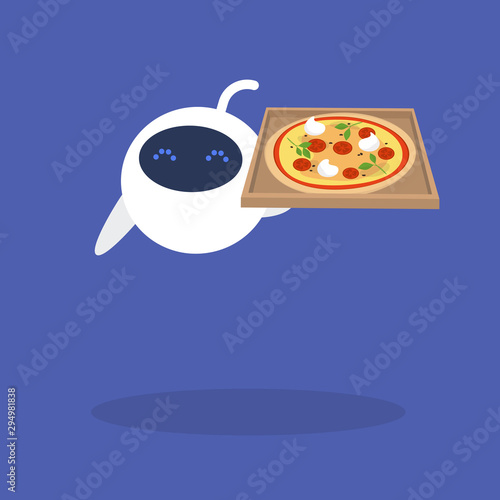 New technologies, Food delivery robot holding a cardboard box with a vegetarian pizza