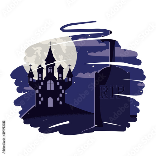 halloween dark castle in cemetery scene icon