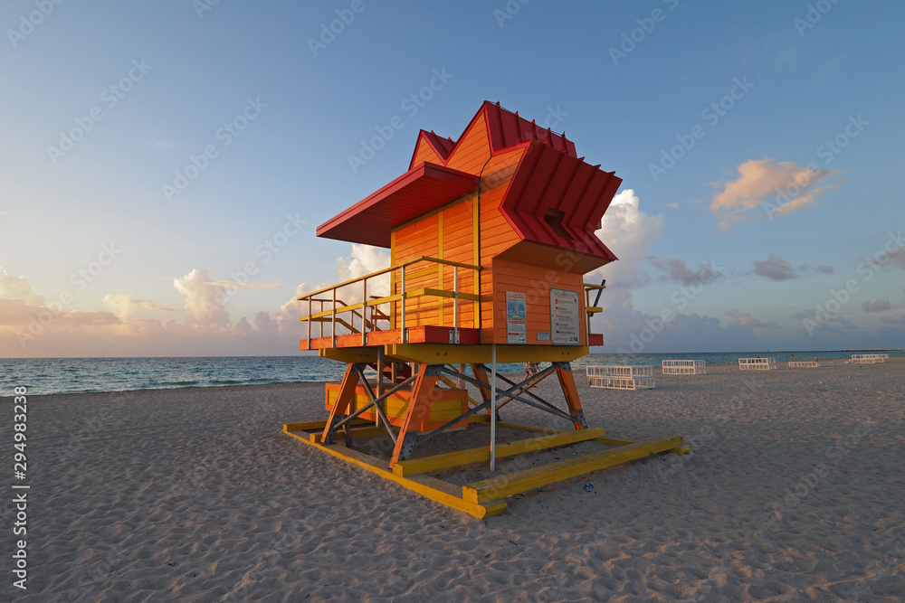 Miami Beach, Florida - July 8, 2017: Colorful lifeguard station on South Beach at sunrise.