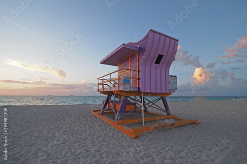Miami Beach, Florida - July 8, 2017: Colorful lifeguard station on South Beach at sunrise. © Francisco